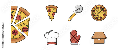 Pizza preparation utensils and food