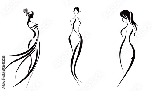 Three artistic representations of womens silhouettes stand tall against a white background. Each figure displays unique postures and flowing lines, emphasizing elegance.