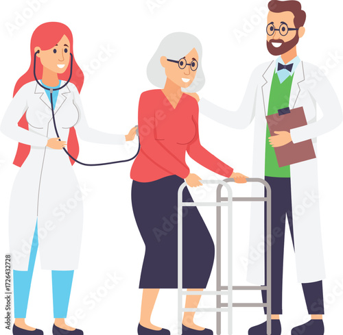 Professional doctors and nurses provide healthcare and medical care to smiling people and patients in a hospital