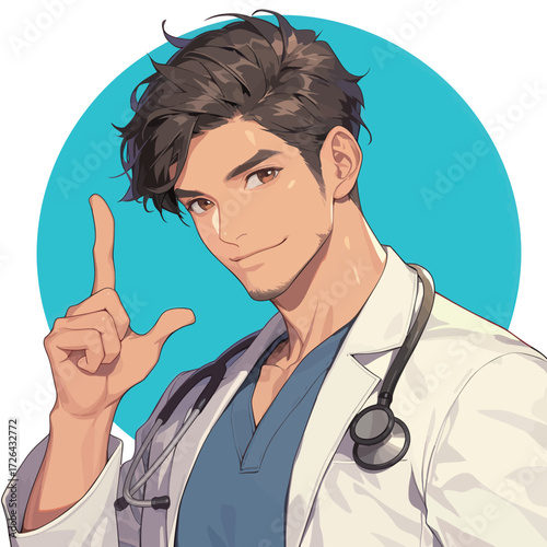 A young male doctor wearing a lab coat and stethoscope smiles confidently while pointing with one finger. The background is a solid blue color, enhancing his cheerful presence.
