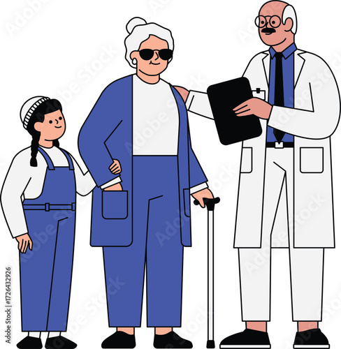Vector art of a doctor with a patient and her granddaughter the doctor is holding a clipboard and the patient is using a walking stick