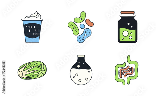 Probiotic yogurt bacteria vegetables and digestive system illustrations