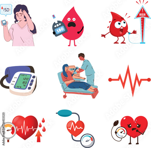 Vector art of various medical icons showcasing diabetes, blood pressure monitoring, and heart health, , offering a visual representation of healthcare