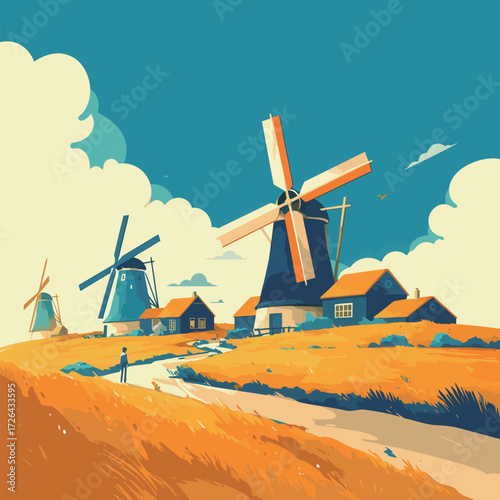 A picturesque scene showcasing colorful windmills and quaint houses in a rural setting, surrounded by golden fields under a sunny sky, creating a serene atmosphere.