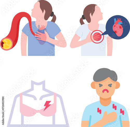 Vector art of illustration depicting various symptoms and signs of heart disease, includes chest pain, shortness of breath, and discomfort