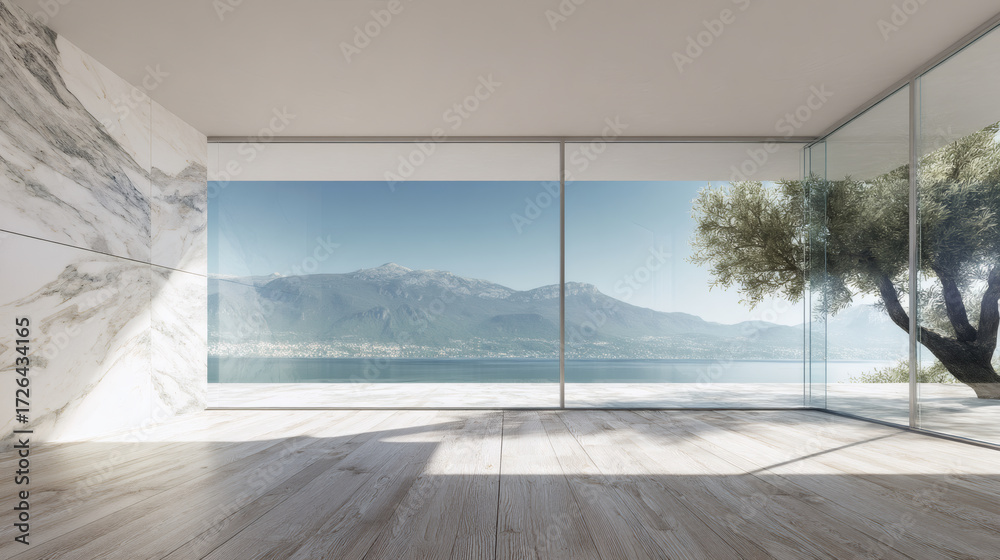 Fototapeta premium Modern Minimalist Interior with Lake View