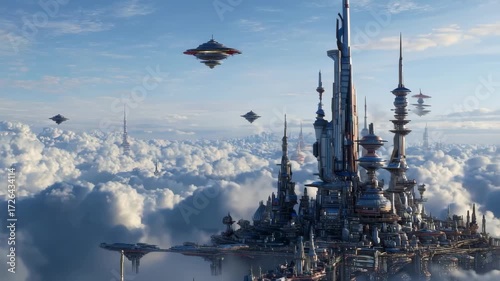Fantasy futuristic city floating among clouds with towering spires and advanced technology under a bright blue sky filled with flying vehicles