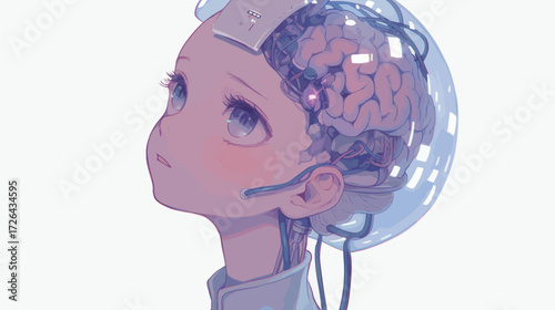 A futuristic character with an exposed brain is gazing upward, wearing a high-tech helmet. The scene conveys a sense of wonder and curiosity about technology and the future.