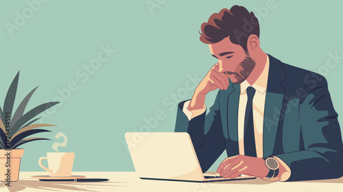 A focused man in business attire is working on his laptop. He appears deep in thought, with a plant and a coffee cup beside him, in a bright office space.