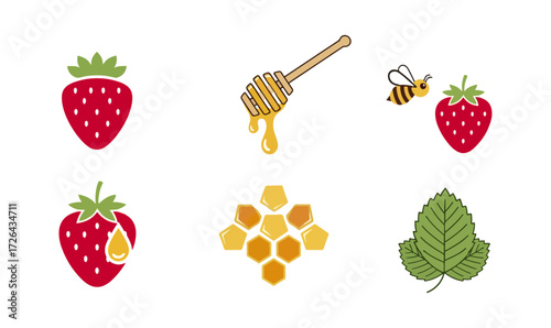 Strawberries honeycomb honey and bee