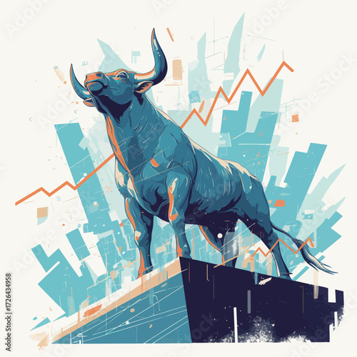 A bold blue bull statue stands proudly atop a platform, symbolizing financial growth. Dynamic lines suggest upward trends, evoking a sense of optimism in a bustling city backdrop.