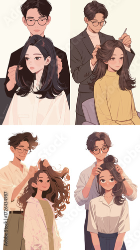 A group of friends is enjoying a hairstyling session in a cozy studio. One person styles anothers hair, creating beautiful looks and sharing laughter.
