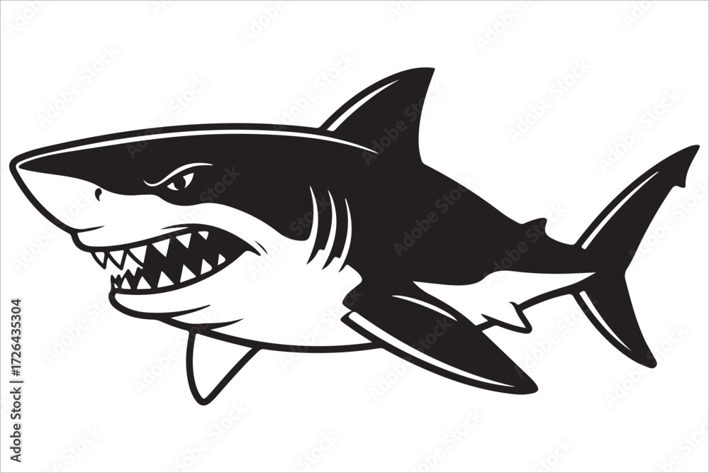 Obraz premium A great white shark cartoon vector illustration swimming with its fin in the ocean highlights this dangerous marine predator's nature