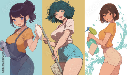 Three women are depicted in a vibrant scene, each showcasing their unique hairstyles and clothing while actively cleaning.