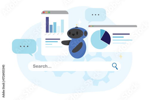 Friendly AI assistant robot for searching surrounded by floating business graphs, analytics dash board and digital charts concepts of artificial intelligence automation research and smart technology.