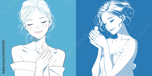 A woman with flowing hair gently holds a skincare bottle, displaying a peaceful smile against a vibrant blue backdrop. Her content expression conveys satisfaction and joy.