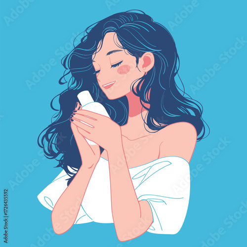 A woman with wavy hair smiles while holding a bottle of beauty product close to her chest. Her expression shows happiness and contentment against a bright blue backdrop.