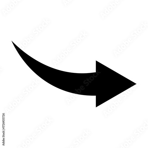 Black arrow curving to the left and pointing right, isolated on a white background.