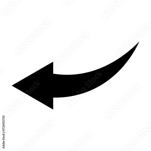 A black arrow pointing left with a curved tail, indicating direction and movement.