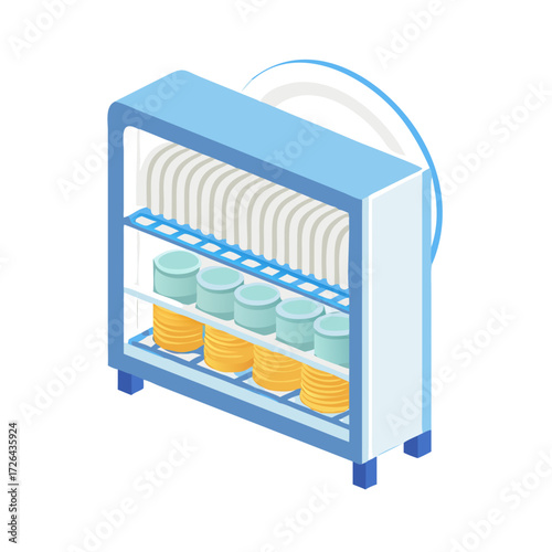 Dish rack with plates and cups in isometric style