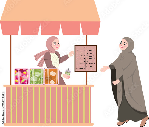 Vector art of a muslim woman buying drink from a stall, with a vendor wearing hijab serving her with drink in a cup and menu board