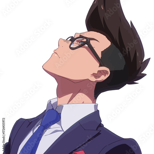 A young man with striking hair and glasses gazes upward, dressed in a stylish suit, exuding an air of confidence and ambition in a plain background.