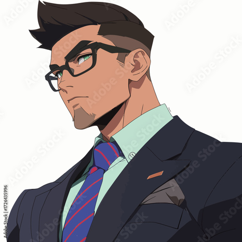 A well-dressed man with short hair and a beard stands confidently. He wears a suit with a tie and glasses. The background is plain, highlighting his sharp appearance.