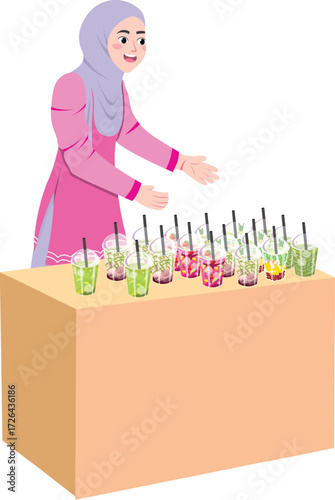 Vector art of a woman in a hijab is selling drinks at a stall, she is standing behind a table with many glasses of colorful beverages