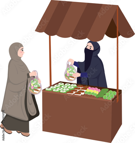 Vector art of a woman wearing a hijab is buying food from a vendor at a market stall, the vendor is also wearing a hijab and a niqab