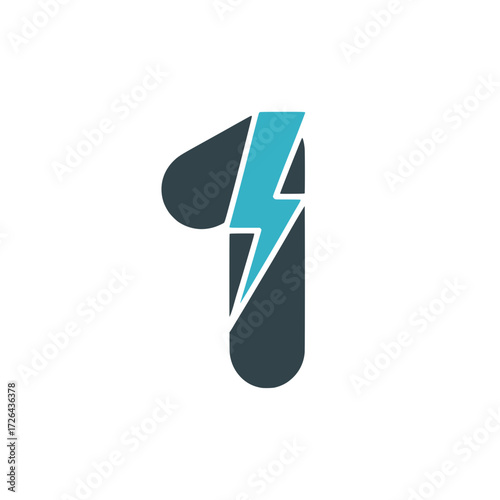 Number one icon with electric bolt symbol, Minimalist number one design featuring a bold electric lightning bolt, representing power, energy, leadership, or innovation.

