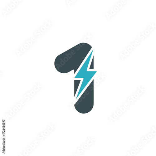 Number one icon with electric bolt symbol, Minimalist number one design featuring a bold electric lightning bolt, representing power, energy, leadership, or innovation.

