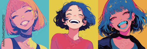 Three cheerful friends with distinct hairstyles share joyful expressions against bright, colorful backgrounds. Each girl showcases a different style and vibe.