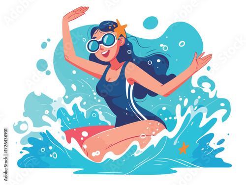 A cheerful woman in a swimming suit plays in bright blue water, splashing around and enjoying her time on a sunny summer day by the beach or poolside.