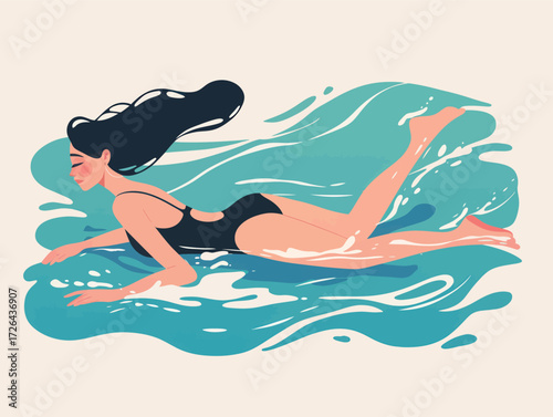 A woman in a black swimsuit gracefully swims through turquoise water, enjoying a peaceful moment under the sun. Her long hair floats behind her as she glides effortlessly.
