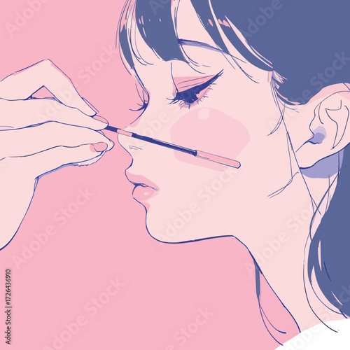 A woman with a calm expression is applying makeup in soft pastel colors. She is concentrating on her eye makeup, highlighting her features gracefully.