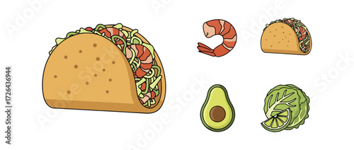 Taco with shrimp avocado and cabbage