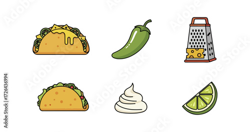 Tacos pepper cheese grater lime and whipped cream food illustration