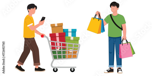 Two men shopping, one pushing a cart full of boxes, the other carrying colorful bags. Modern flat illustration of retail, consumerism, lifestyle, and commerce concept in everyday shopping activity.