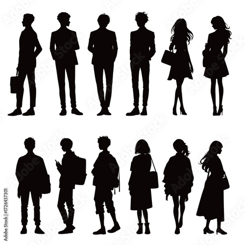 Figures of people are presented in stylish silhouettes, showcasing various outfits and accessories, conveying a sense of urban fashion in a modern setting.