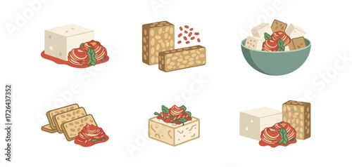 Tofu tempeh and vegetable dishes illustration