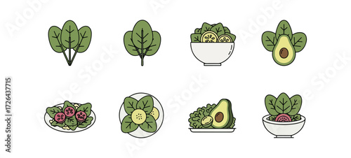 Variety of healthy salads icons
