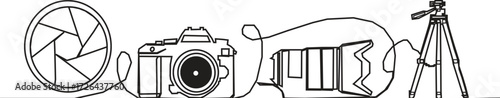 Continue one line draw photography equipment. line draw with camera, video camera, lenses, and with stand