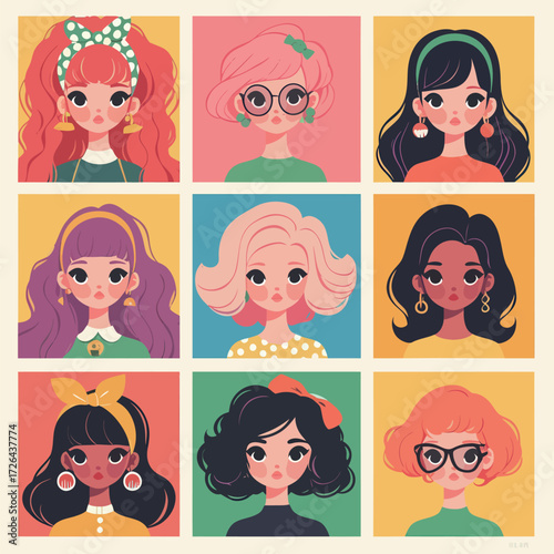 Nine female characters showcase unique hairstyles and outfits in bright colors. Each character has distinct accessories that highlight their individual styles.