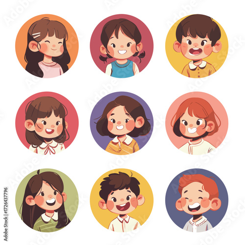 Nine cartoon portraits display diverse children, each with happy expressions. The lively colors and unique hairstyles make the artwork cheerful and engaging for viewers.