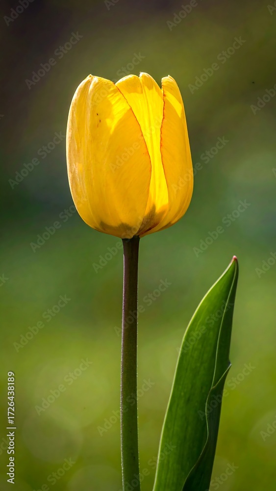 Naklejka premium A vibrant yellow tulip in a soft focus garden setting