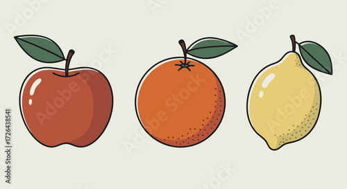 Colorful Fruit Illustration: Apple, Orange, Lemon