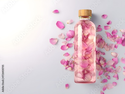 Rose water in spa bottle with petals, clean background, and open upper space for gentle message or branding.