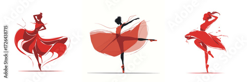 Three dancers in vibrant red dresses demonstrate their skills with graceful movements. Their poses express passion and elegance, capturing the essence of dance.