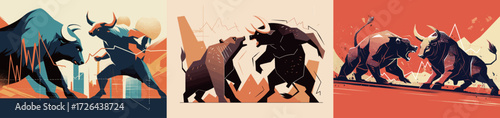 Dynamic illustrations show bulls and bears battling in a stylized manner. The artwork captures the intense energy of financial markets trading at dusk.