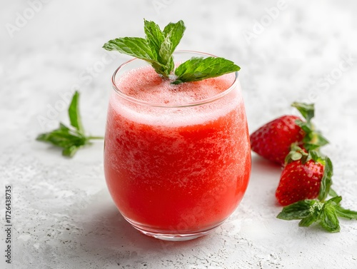 Strawberry juice in glass with mint garnish, white surface and open space above